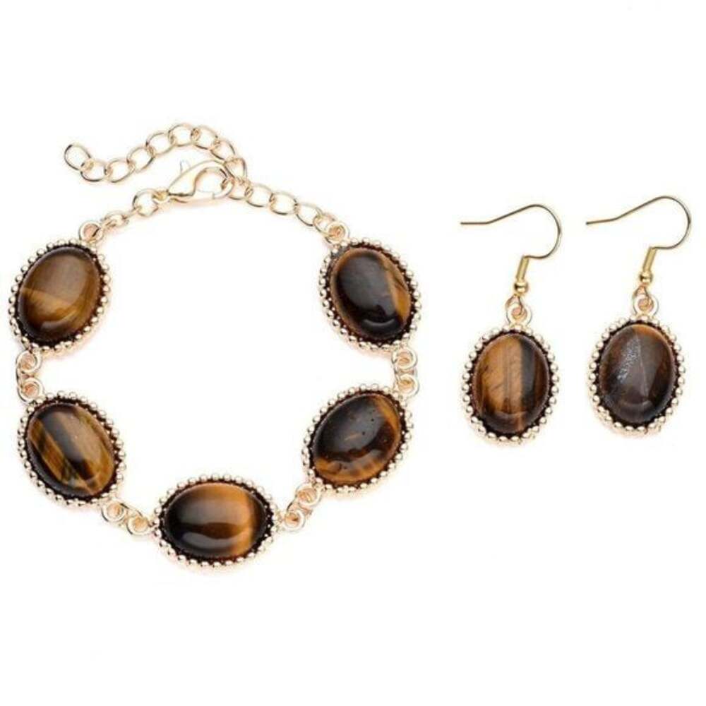 South African Yellow Tiger's Eye 5 Stone Chakra Bracelet and Dangle Earrings